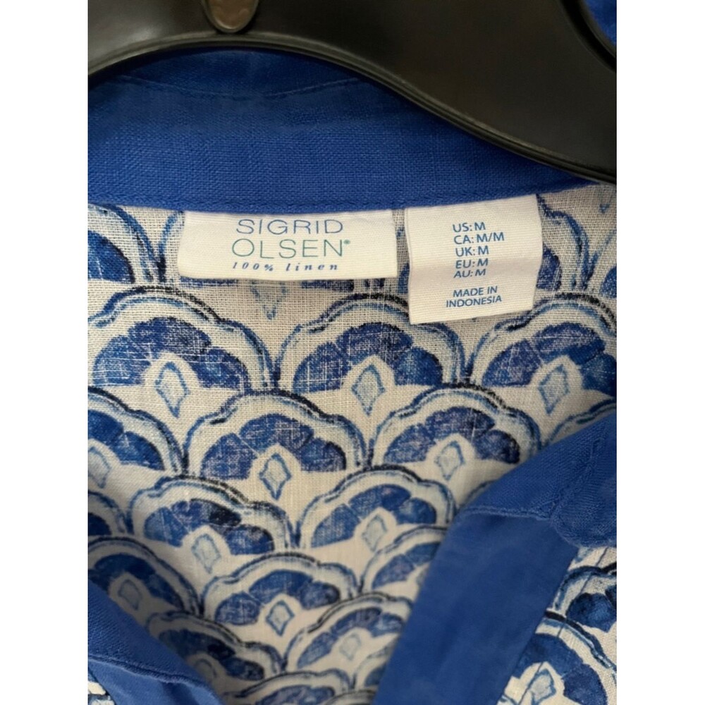 Sigrid Olsen 100% Linen Blue/White Print 3/4 Sleeve Popover Top Blouse Size MED - Picture 4 of 8